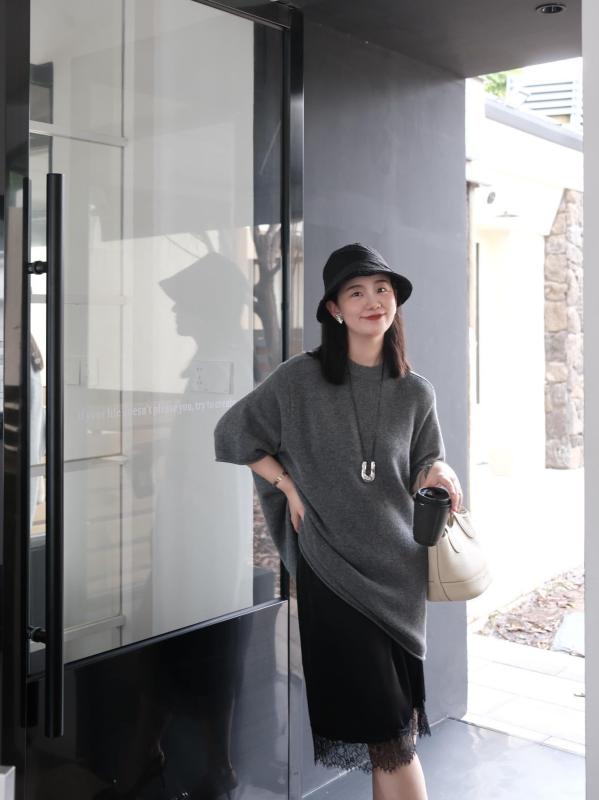 セーター 女性用 秋冬 羊毛 カシミヤ 混紡 ゆったりシルエット 中袖 ニット トップス 丸首 5分袖 リブ 切り替え デザイン 中長丈 単品 セットアップ なし 純色 ミドルゲージ 着こなし 簡単 ゆったり フィット 暖か ソフト 肌触り 良い 日常使