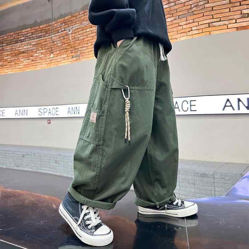 子供服 キッズ 男の子 ワイドレッグパンツ ロングパンツ 春秋 コットン混紡 140cm以上 カーキ グリーン ゆったり 普段着