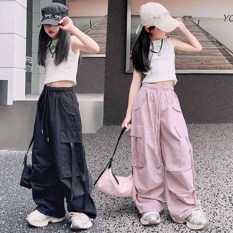 子供服 ガールズ カーゴパンツ 薄手 ワイドレッグパンツ 春秋 夏 ロングパンツ 女児 ワークパンツ ゆったり カジュアルパンツ 普段着 おしゃれ かわいい ピンク系 ブルー ブラック 120 130 140 150 160 170