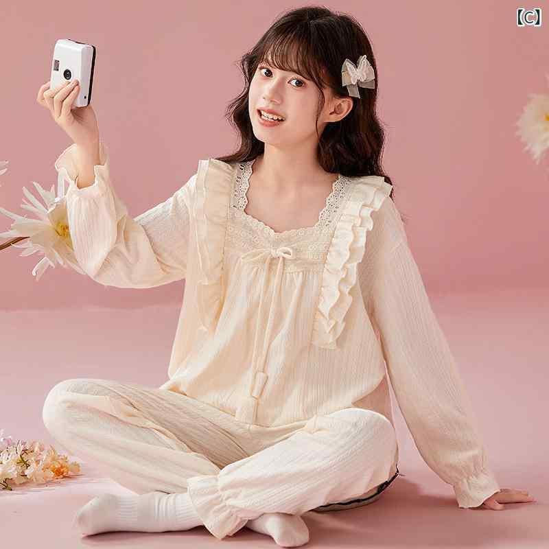 子供用パジャマ 女の子 長袖 綿 春秋用 宮廷風 キッズ ガールズ 胸パッド付き ルームウェア 上下セット かわいい レース 140cm 150cm 160cm 170cm