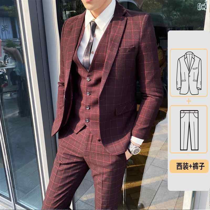 スーツ メンズ 3点セット 春秋 韓国風 スリム チェック柄 ビジネス フォーマル 結婚式 新郎 紳士服 宴会 グレー ブラック 黒 ブルー ワインレッド M L XL 2XL 3XL 4XL 5XL