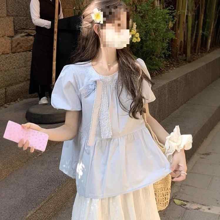 シャツ レディース 短袖 夏 蝴蝶結び レース 泡泡袖 法式 デザイン バインド 優しい 個性的 トップス ポリエステル 繊維 セットアップ なし 修身 短丈 丸首 普通袖 切り替え 清新 甘い スタイル セット 頭 ブルー ホワイト 4,448円