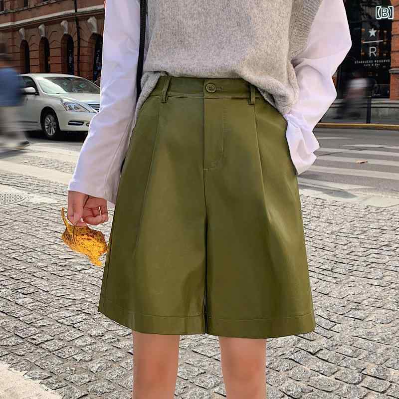 レザーパンツ レディース 秋冬 ワイドレッグ PU Aライン ハイウエスト ポケット付き ゆったり ブラック カーキ アボカドグリーン 合成皮革 カジュアルパンツ