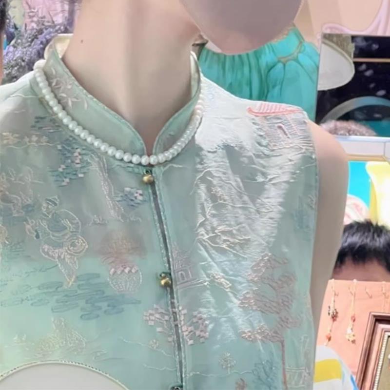 ベスト レディース 刺繍 唐装 中華風 春秋 チャイナドレス 民族風 レトロ 背心 中式 トップス 婦人服 花柄 立襟 通勤 普段使い S M L XL 2XL グリーン