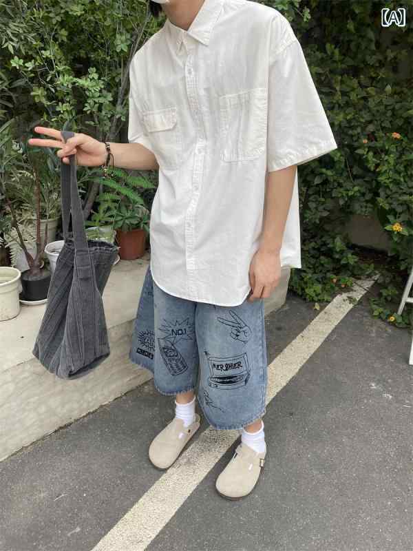 シャツ メンズ 半袖 レトロ ワーク 無地 ポリエステル トップス ルーズ 白 普段使い