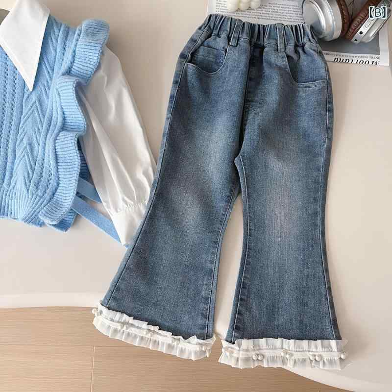 子供用セットアップ ガールズ 春秋 ニットベスト ブラウス デニムパンツ 3点セット かわいい おしゃれ 女の子 キッズ 90 100 110 120 130 140cm