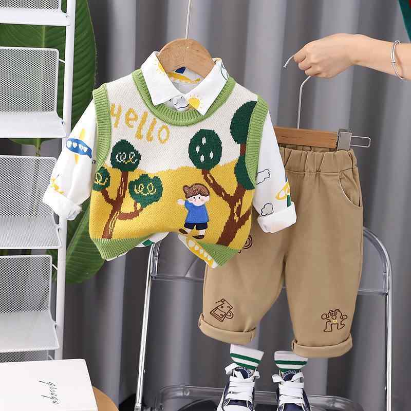 子供用ニットベスト 3点セット（長袖トップス & ロングパンツ）男の子 秋物 コットン カトゥーン柄 80cm 90cm 100cm 110cm 120cm 韓国風