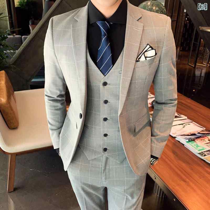 メンズ スーツ 3点セット ブリティッシュスタイル スリムフィット チェック柄 結婚式 二次会 パーティー フォーマル 男性用 ブラックスーツ グレー系 ビジネス 秋｜トミーショップ 店 13,320円