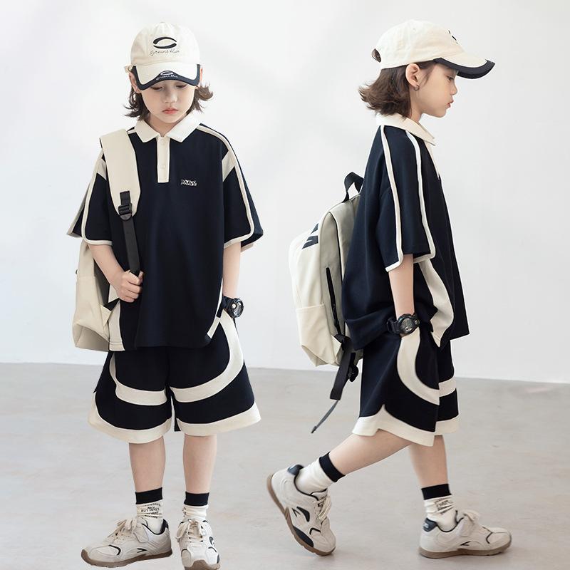 子供用セットアップ キッズ 男の子 半袖 短パン 上下 2点セット 夏 薄手 通学 普段着 綿 黒 120cm 130cm 140cm 150cm 160cm 170cm