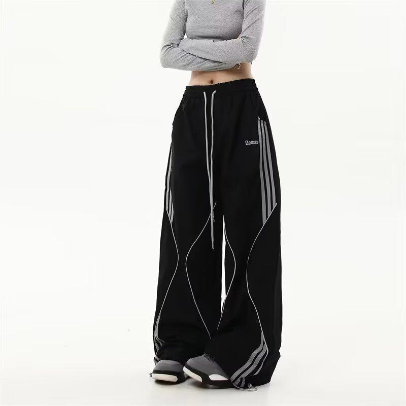 ワークパンツ レディース アメリカン レトロ ストライプ スポーツ パンツ ヒップホップ ダンス ストレートパンツ ズボン ポリエステル ブラック レッド M L XL 2XL