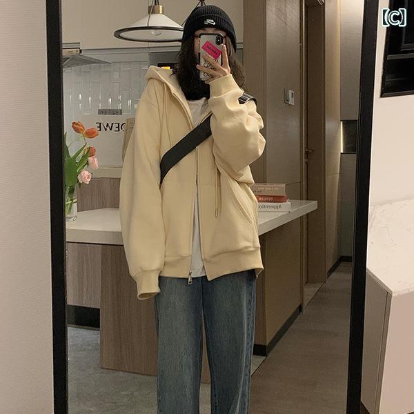 パーカー レディース 秋冬 高級感 リラックス ゆったり フード付き トップス カットソー スウェット トレーナー 長袖 綿混紡 ポケット付き 無地 灰色 グレー アイボリー
