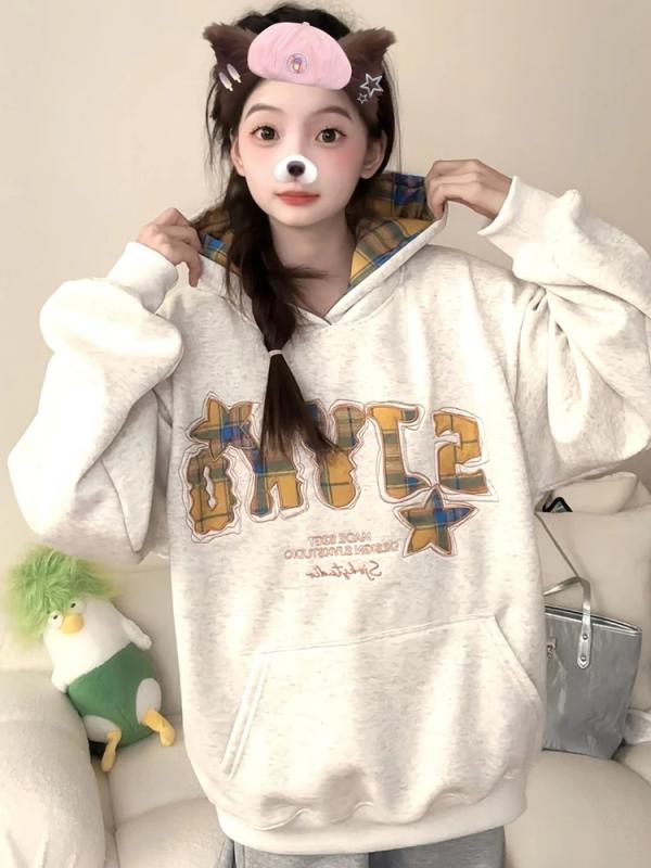 パーカー レディース 秋冬 裏起毛 厚手 刺繍 フード付き 白 グレー 紺 黒 オーバーサイズ ゆったり 大きめ ミドル丈 トップス 普段使い 通勤 通学 かわいい