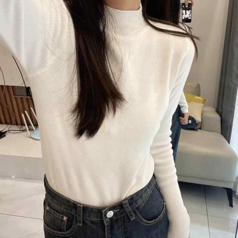 ニット トップス 女性用 秋冬 半高領 長袖 インナー 修身 かわいい 甘め セットアップ 軽量 伸縮性 吸湿速乾 再生繊維 ポリエステル 白 黒 ベージュ ピンク グレー ブラウン レッド ブラウン系 暖色 コットン風 コージー レイヤード 普段使い