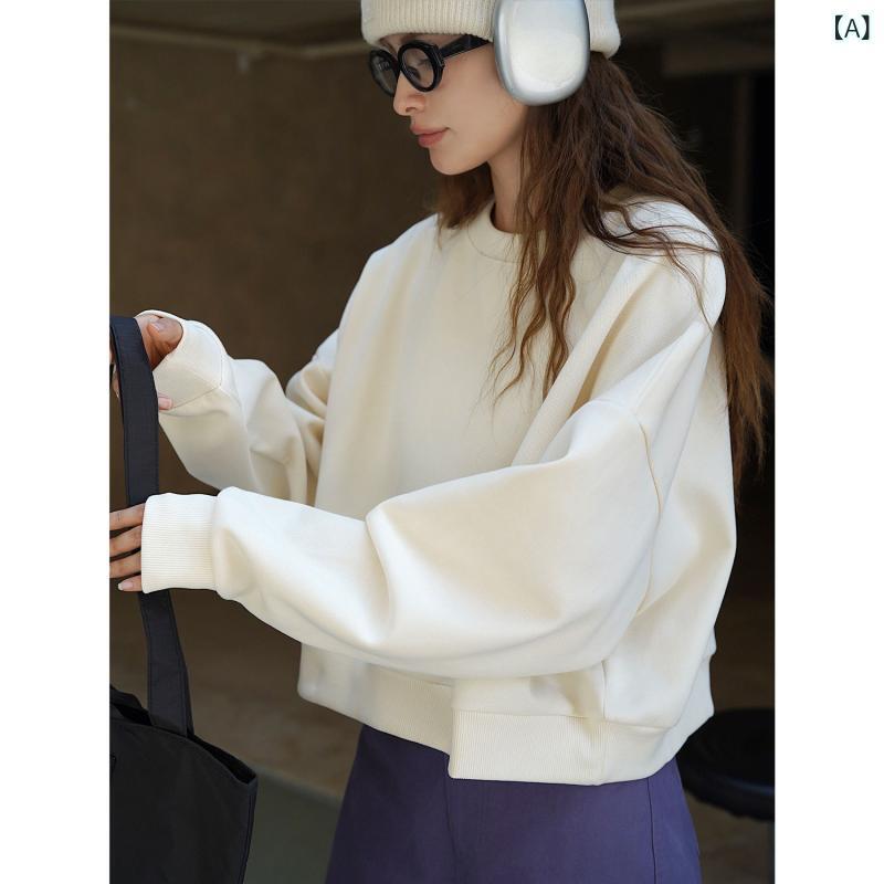 トレーナー レディース 韓国風 リラックス ウェア トップス 秋冬 綿混紡 丸首 長袖 ショート丈 プルオーバー ゆったりサイズ ミルキーホワイト ブラック ブルーグリーン