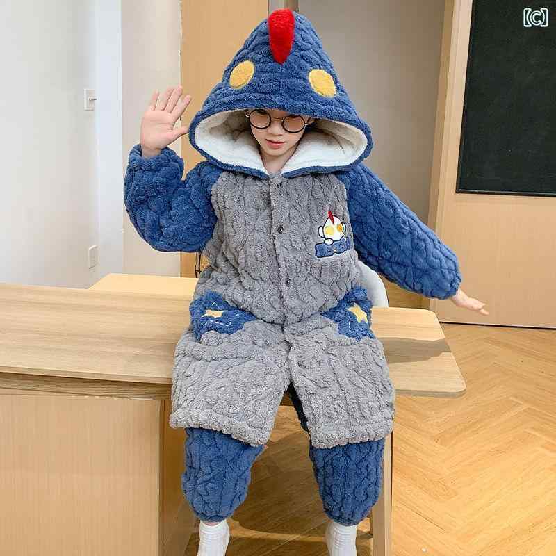 子供用 寝間着 男の子 パジャマ フランネル 厚手 三層 珊瑚フリース バスローブ ロング丈 ルームウェア 冬 防寒 暖か
