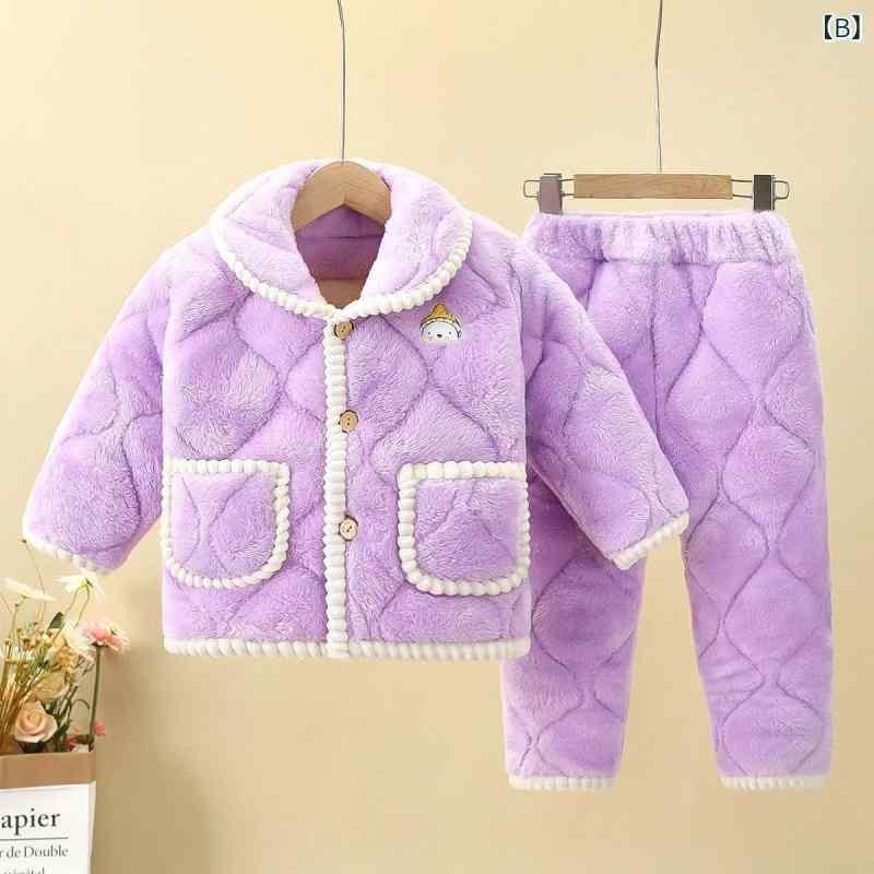 子供用パジャマ 厚手サンゴフリース 三層 中綿入り 暖か フランネル ベビー ホームウェア ピンク パープル グレー ネイビー ブルー 防寒 A類 100cm 110cm 120cm 130cm 140cm ポリエステル