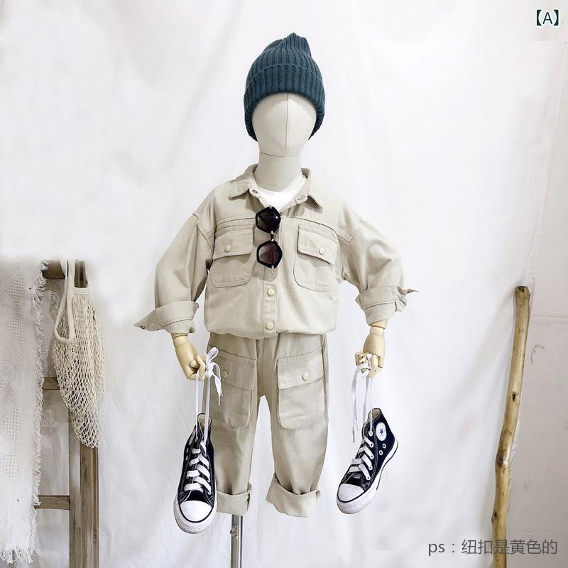 キッズ セットアップ 春秋 長袖 綿 上下セット 男の子 子供服 ワークスタイル 80 90 100 110 120 130cm 無地 アプリコット グレーグリーン