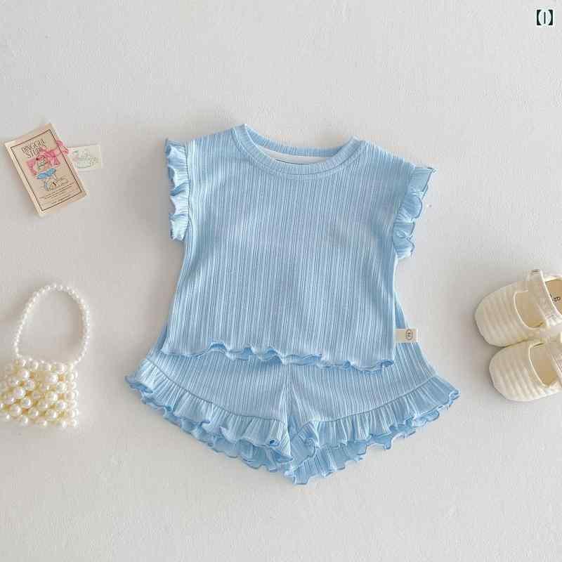 子供用ツーピースセット：タンクトップ & ショートパンツ 女児向け 夏服 無地 ポリエステル 73 80 90 100 110 120 浅米 淡黄 浅紫 浅青 淡ピンク