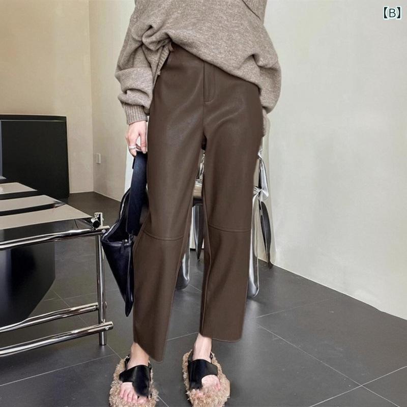 PUレザーパンツ レディース 直筒パンツ 黒 ブラック コーヒー色 茶色系 ハイウエスト 美脚 スタイルアップ 9分丈 カジュアル ゆったり 伸縮性 ポリエステル