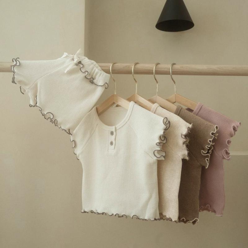 子供用パジャマ 上下セット 半袖Tシャツ 短パン ベビー服 ワッフル 韓国風 ポリエステル 無地 ベージュ系 ピンク系 73 80 90 100cm