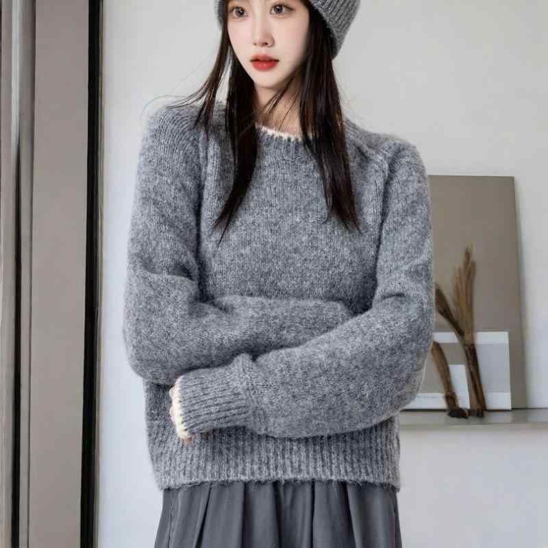 ニット レディース グレー 秋冬 厚手 ラウンドネック プルオーバー トップス 婦人服 長袖 あったか リブニット ゆったり かわいい ピンク系 イエロー