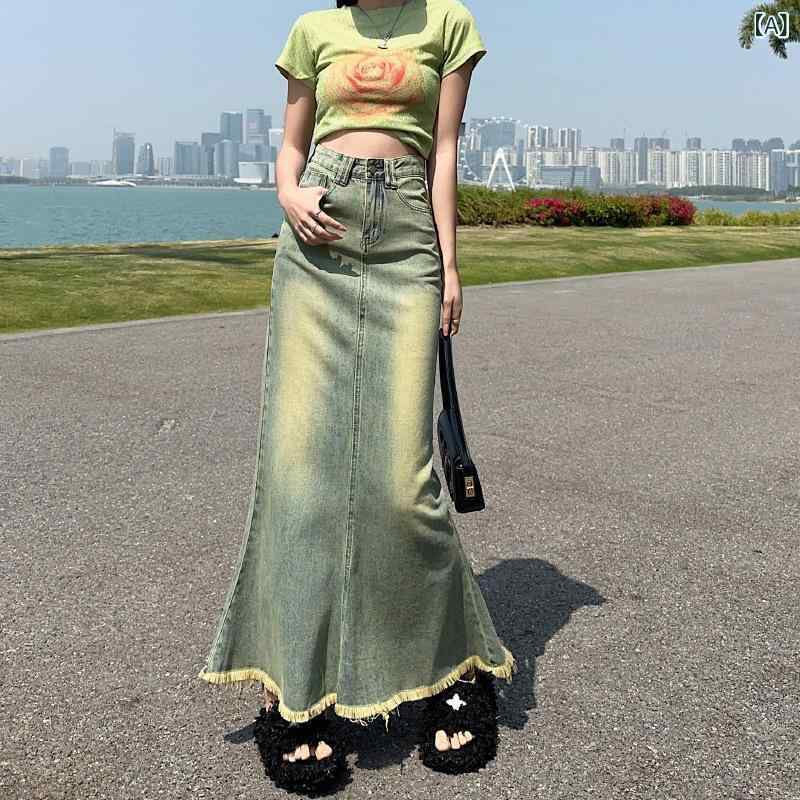 デニムロングスカート レディース 文芸風 レトロ 高見え Aライン マーメイドスカート ゆったり 薄手 切り替えデザイン フリンジ ボタン ファスナー オールシーズン