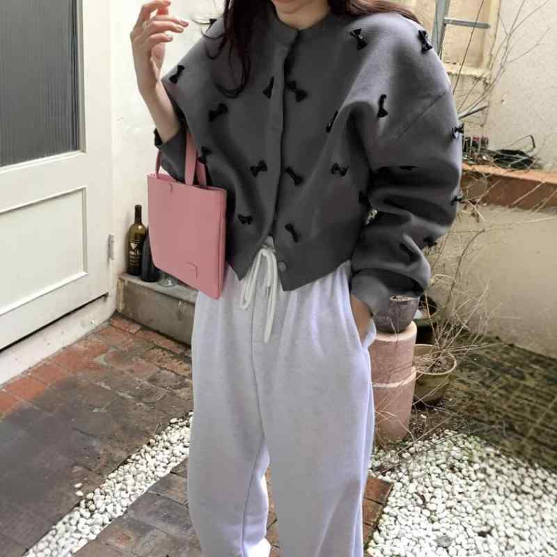 カーディガン レディース ニット 韓国風 秋冬 法式 かわいい 蝶結び 暖かい 長袖 トップス プルオーバー ゆったり 深グレー 黒色 杏色