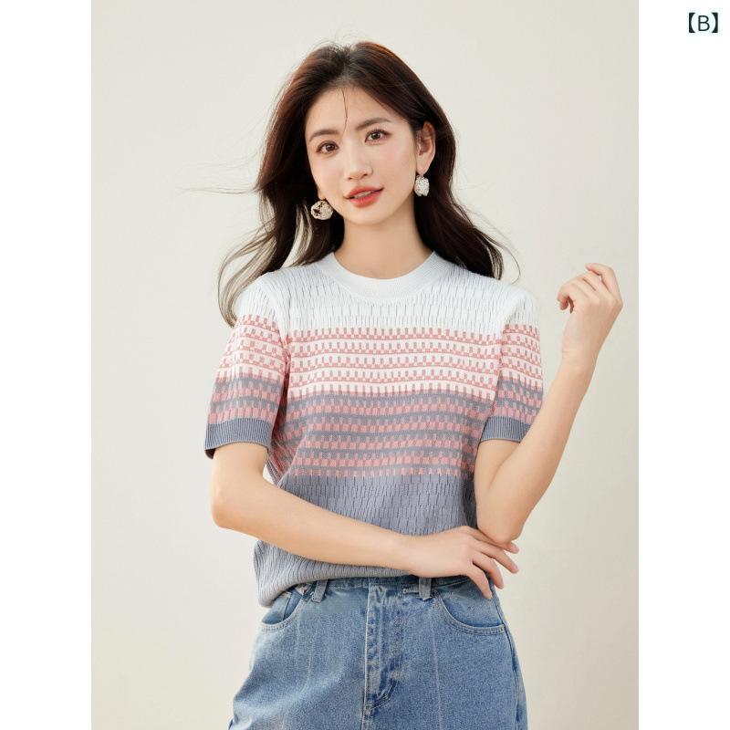 Tシャツ レディース 半袖 薄手 ストライプ柄 接触冷感 ニット トップス ブルー ピンク系