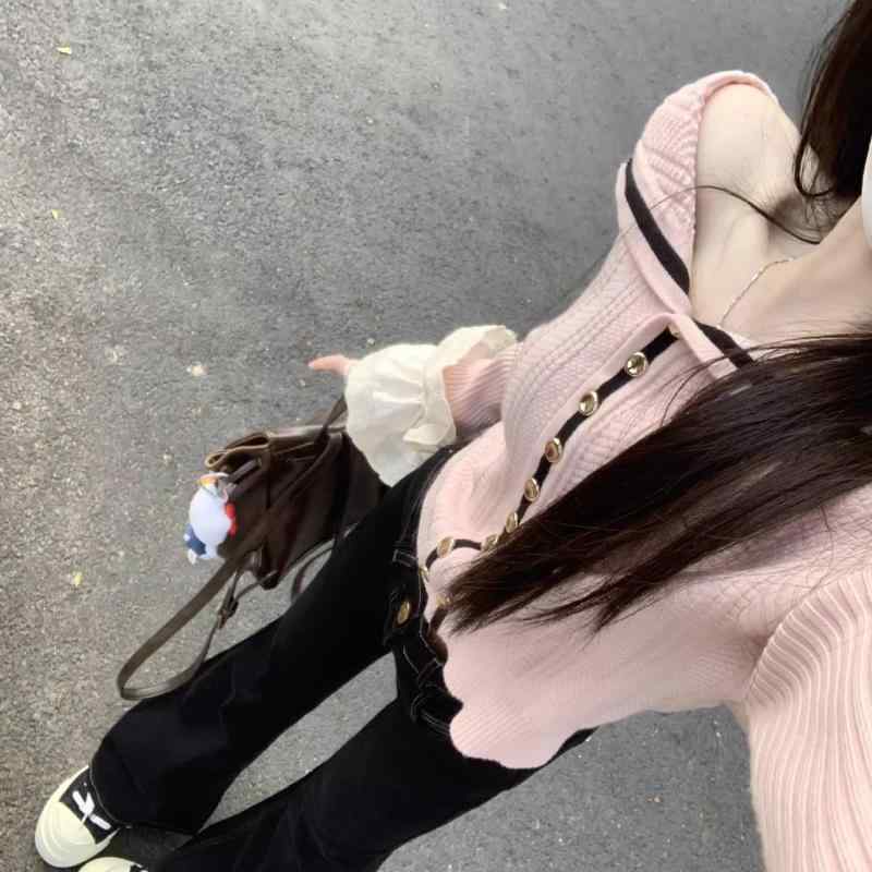 カーディガン レディース 一字肩 ピンク系 ニット 春秋冬 長袖 ショート丈 配色 日韓スタイル かわいい カジュアル