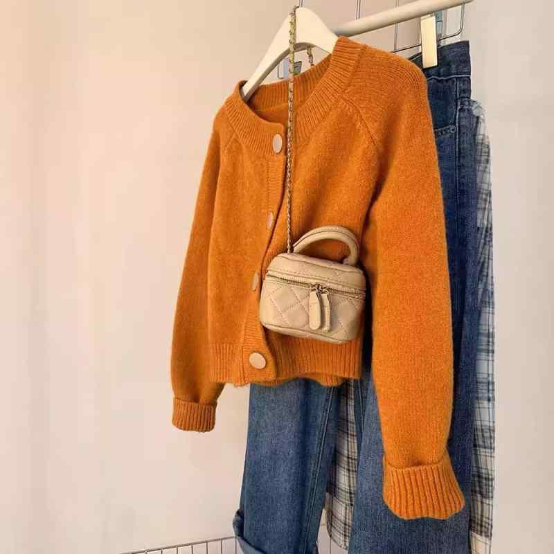 ニット カーディガン レディース 南瓜色 トップス 秋冬 柔らかい ポリエステル 長袖 ショート丈 ゆったり かわいい 韓国風 カジュアル