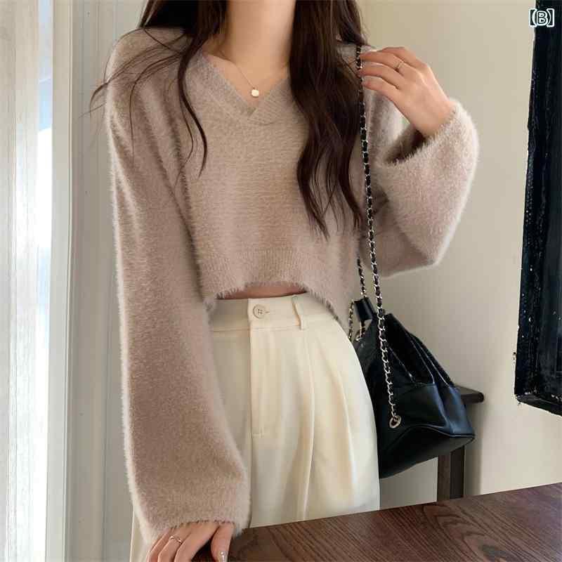 ニット レディース Vネック トップス プルオーバー 秋冬 長袖 ショート丈 フェイクファー カシミヤタッチ ふわふわ もこもこ かわいい 韓国ファッション ホワイト ブラック ピンク系