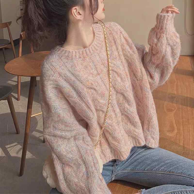 ニット レディース ピンク系 ケーブル編み 長袖 トップス 秋冬 ゆったり かわいい 普段使い 通勤 粘・屬??
