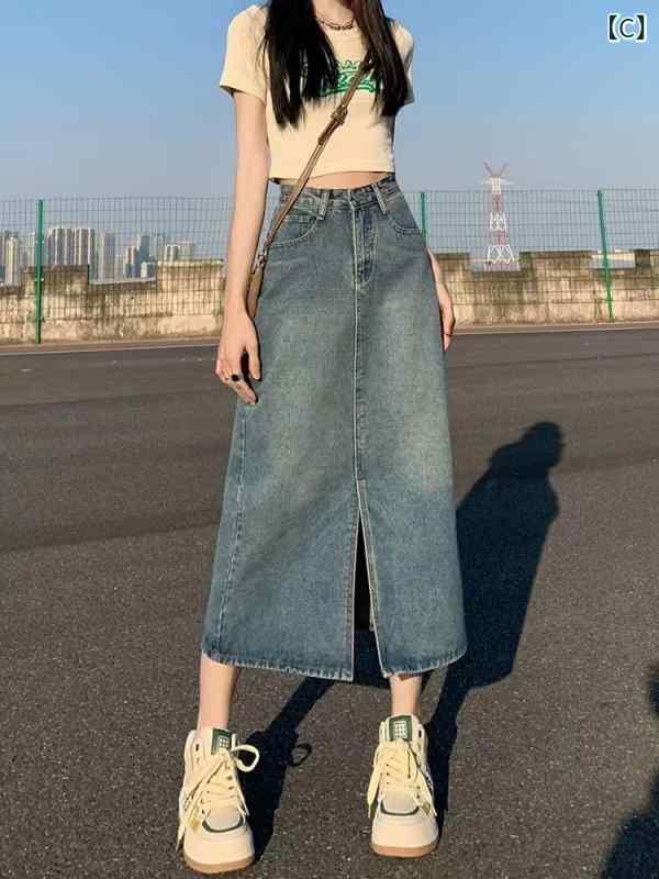 デニムスカート レディース Aライン ミモレ丈 スリット入り タイトスカート 切り替え 無地 ブルー ブラック 黒 春秋 スタイルアップ 美脚 脚長効果 デイリー カジュアル お洒落