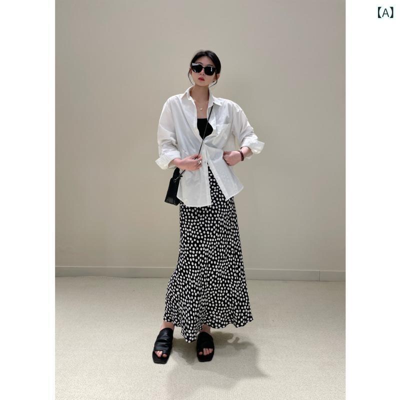 スカート レディース ジョーゼット シルクブレンド 高腰 ロング丈 マーメイドスカート 水玉 ドット柄 春 人棉 人? 混紡 快適 伸縮性なし