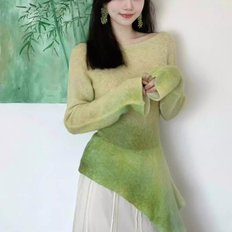 ニット トップス 女性用 長袖 春夏 薄手 修身 グラデーション グリーン ?? ポリエステル 接触冷感 軽量 吸湿速乾 丸首 ミドル丈 清新 かわいい 普段使い インナー レイヤード