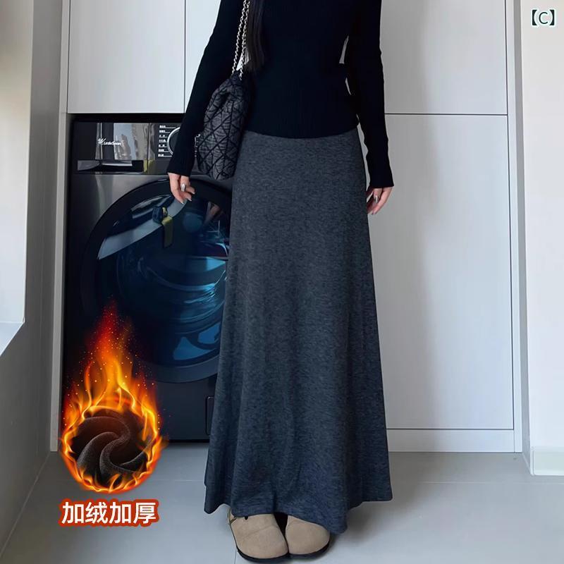 スカート レディース 秋冬 ニット Aライン ロング丈 グレー 無地 シェニール 包臀 伸縮性 ミモレ丈 上品 エレガント