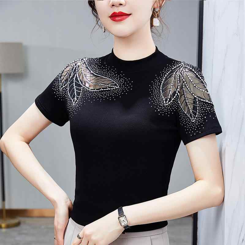Tシャツ レディース 短袖 ブラック 接触冷感 ニット コットン ストレッチ 切り替え 刺繍 ラメ加工 セクシー 透け感 トップス 修身シルエット 気質 通勤 普段使い 都市風 夏 春夏