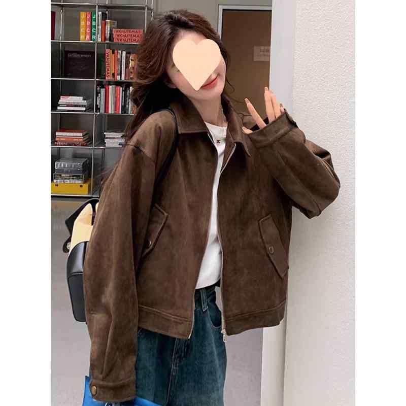 レディース アウター ブラウン 鹿皮風 ベルベット コート 春夏秋 ミドル丈 ショート丈 ルーズフィット ライダースジャケット トップス 通勤風 気質スタイル 快適 軽量 中厚 長袖 スタンドカラー 無扣 ブラウン系 カフェオレ ベージュ ココア 暖かみ