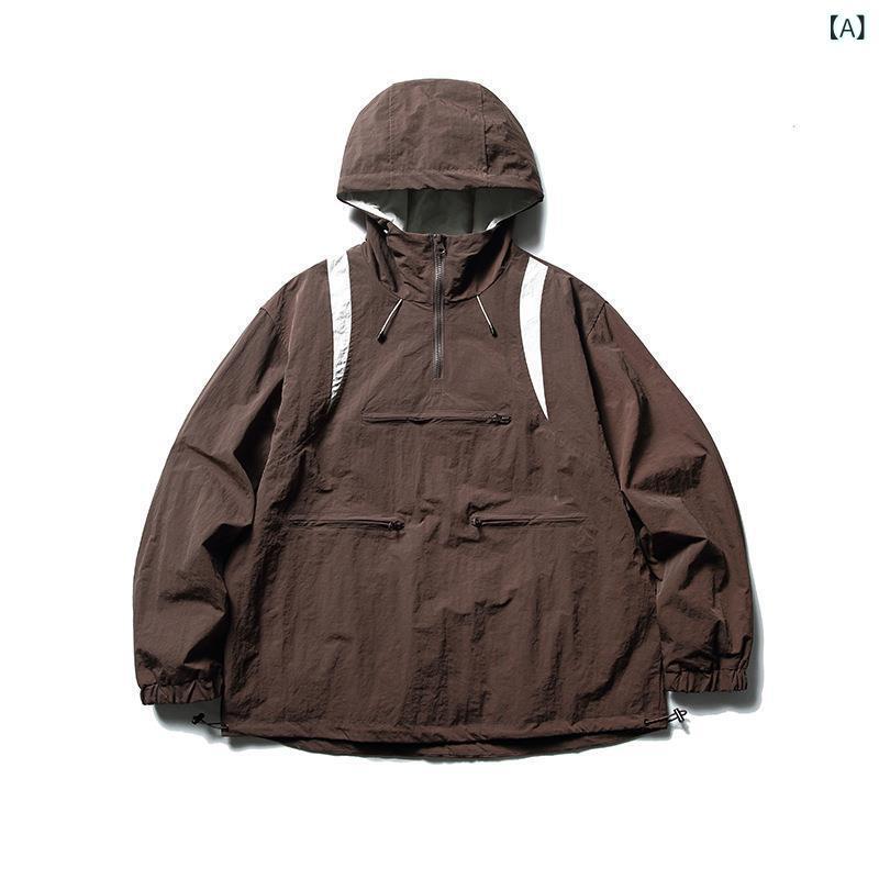 ジャケット メンズ 男性用 ブルゾン ジャンパー 日系 レトロ デザイン フード付き 切り替え ジップアップ ワーク ウェア アウター ブラック 黒 ブラウン 茶色