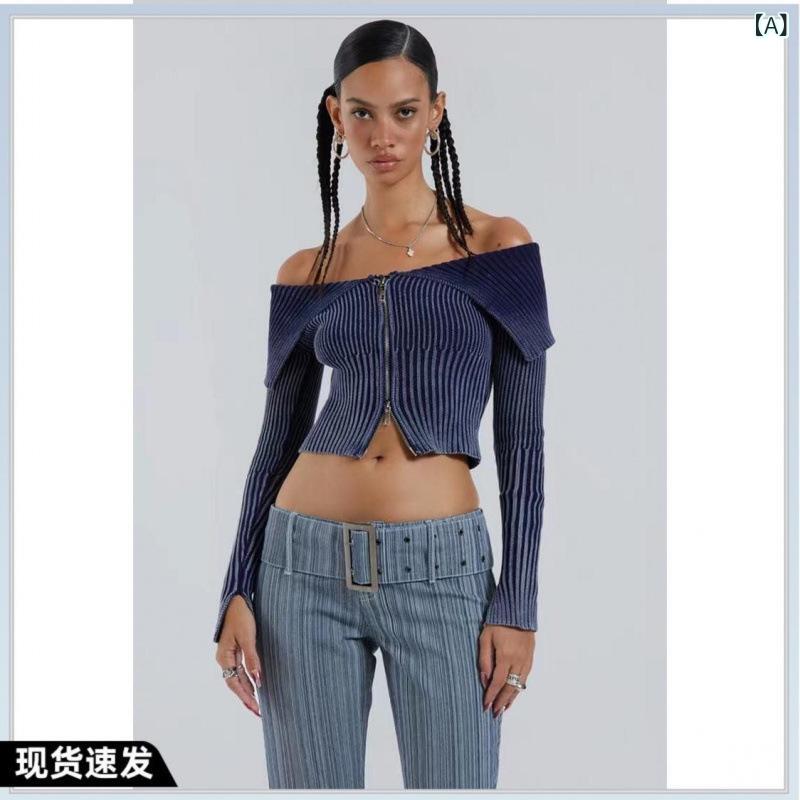 レディース ニットセーター デニムカラー 春季 ワンショルダー 長袖 スリムフィット 開き前 コットン混 伸縮性 通勤スタイル かわいい トップス 普段使い 軽量