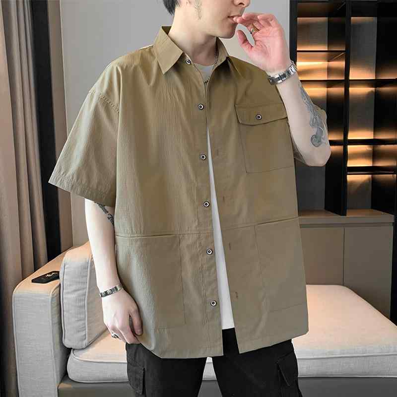 プルオーバー メンズ 成人男性用 半袖 馬鹿でかい大きさ ゆったりめ 綿織物雑ぜ合わせる 無地 細工物プルオーバー カーキ 薄墨色 黒いこと 白いこと
