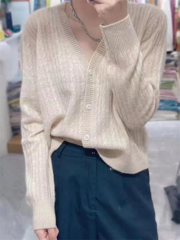 カーディガン 女性用 100% 羊毛 Vネック ツイスト ニット セーター 長袖 開き カーディガン 厚手 単品 純色 米色 深キャメル ライトキャメル グリーン かわいい 甘め 清新 スタイル 秋冬 接触冷感 吸湿速乾 軽量 伸縮性 高級感 再生繊維
