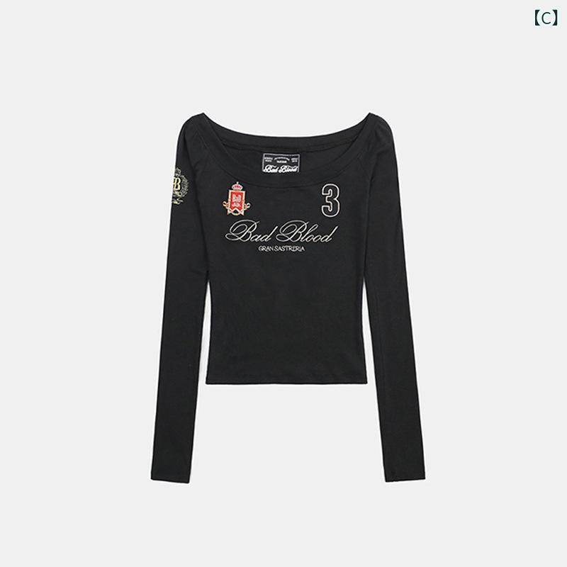 Tシャツ レディース 韓国風 美式 カジュアル 肩出し 長袖 トップス 綿 刺・墸 ゆったり 2025年 春 赤 紺 黒