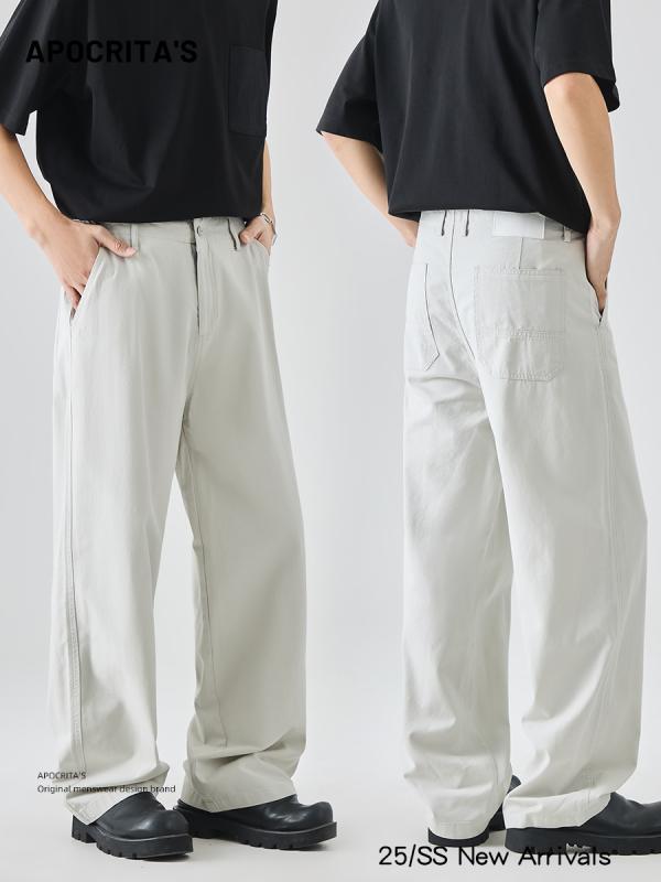 パンツ 男性用 ズボン 春夏 薄手 リラックス ストレート 無地 コットン混紡 カーキ グレー ブラック