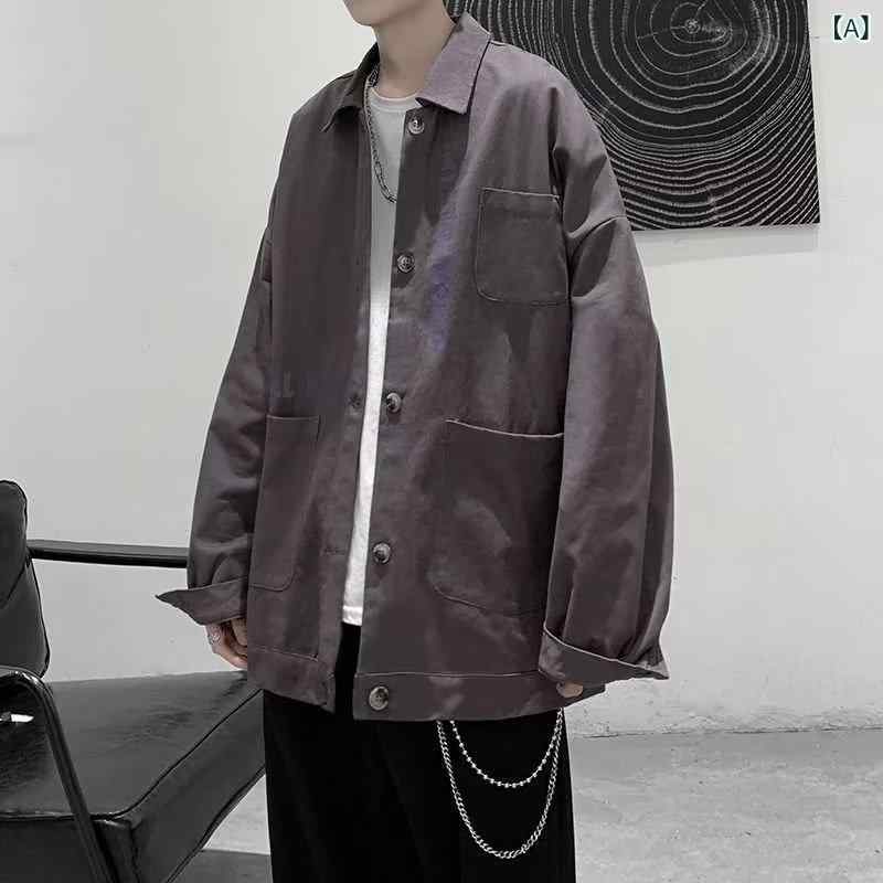 シャツ メンズ 長袖 カジュアル トップス 韓国風 ゆったりめ ワークシャツ風 ジャケット 深灰色 春秋 耐摩耗性