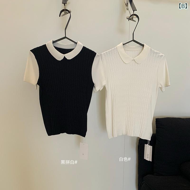 Tシャツ レディース 麻花柄 切り替え 配色 半袖 トップス カットソー ラウンドネック スリムフィット ホワイト ブラック系|トミーショップ 店