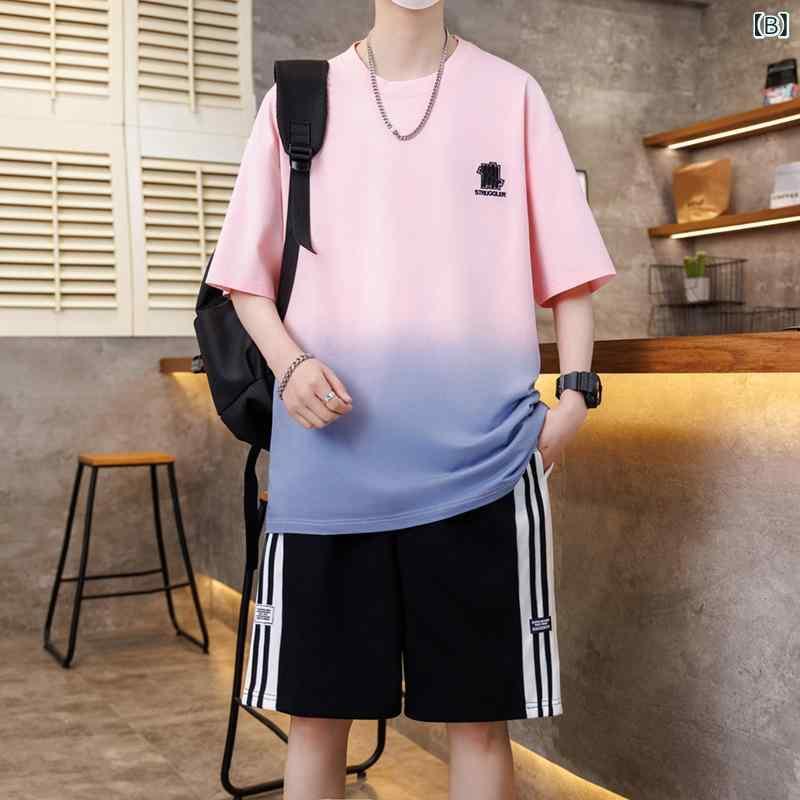 Tシャツ メンズ 半袖 ショートパンツ 上下セット コットン プリント スポーティー カジュアルスタイル ホワイト ピンク系 ブルー系