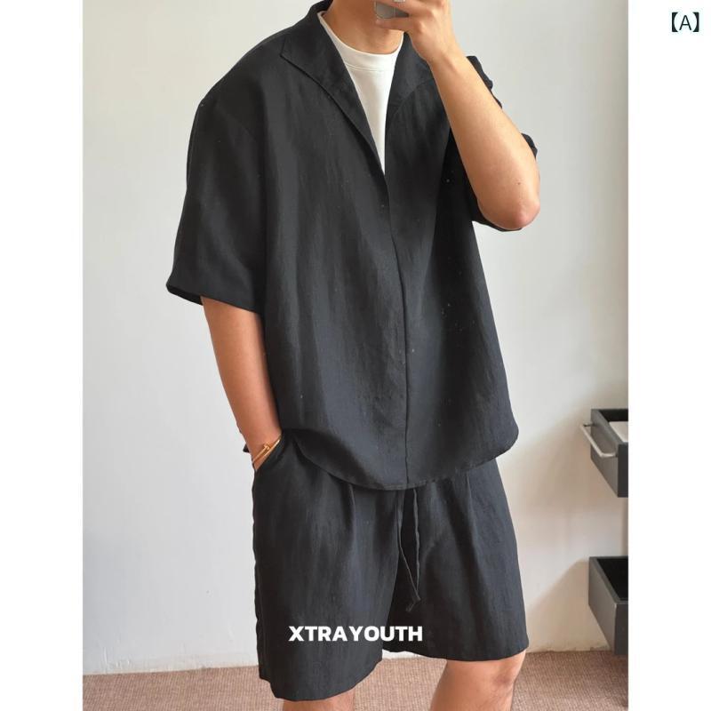 シャツ メンズ 半袖 ショートパンツ ポリエステル 混紡 セットアップ 薄手 ブラック 黒 夏 サマー 2点セット 部屋着 ルームウェア 普段使い カジュアル スタイル 4,471円