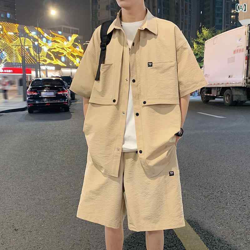 セットアップ メンズ 半袖シャツ ハーフパンツ カーキ ブラック パープル ポリエステル 普段使い 部屋着