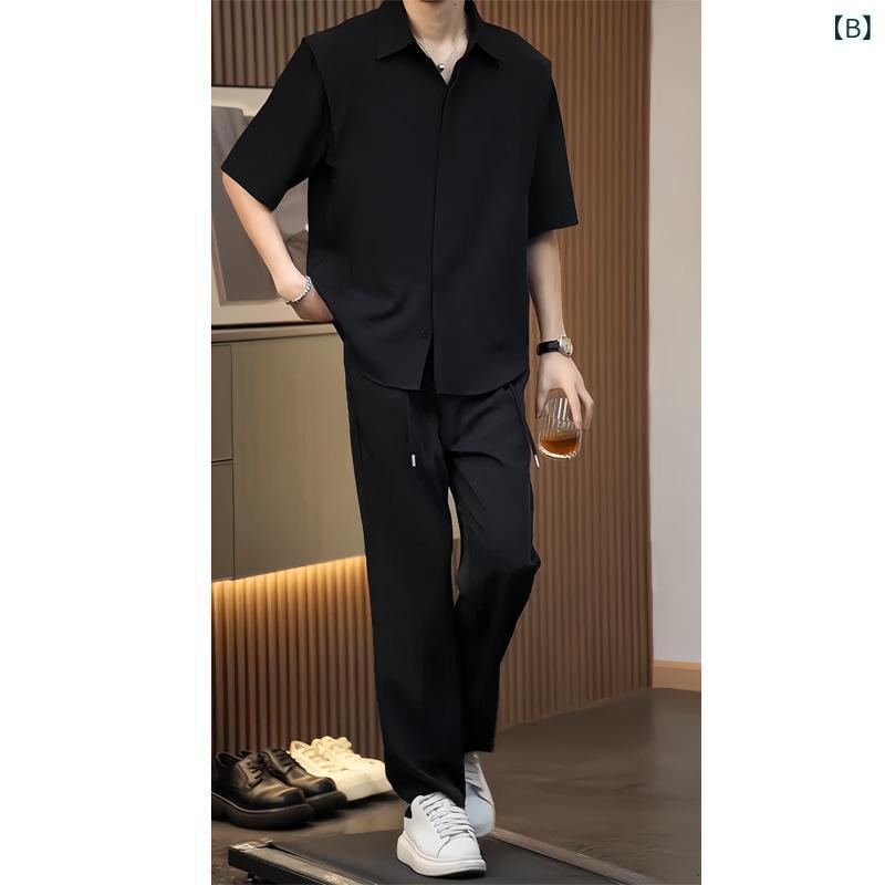 シャツ メンズ 接触冷感 半袖シャツ & パンツ 上下セット 男性用 トップス イージーパンツ 綿混紡 カキ色 ブラック ホワイト